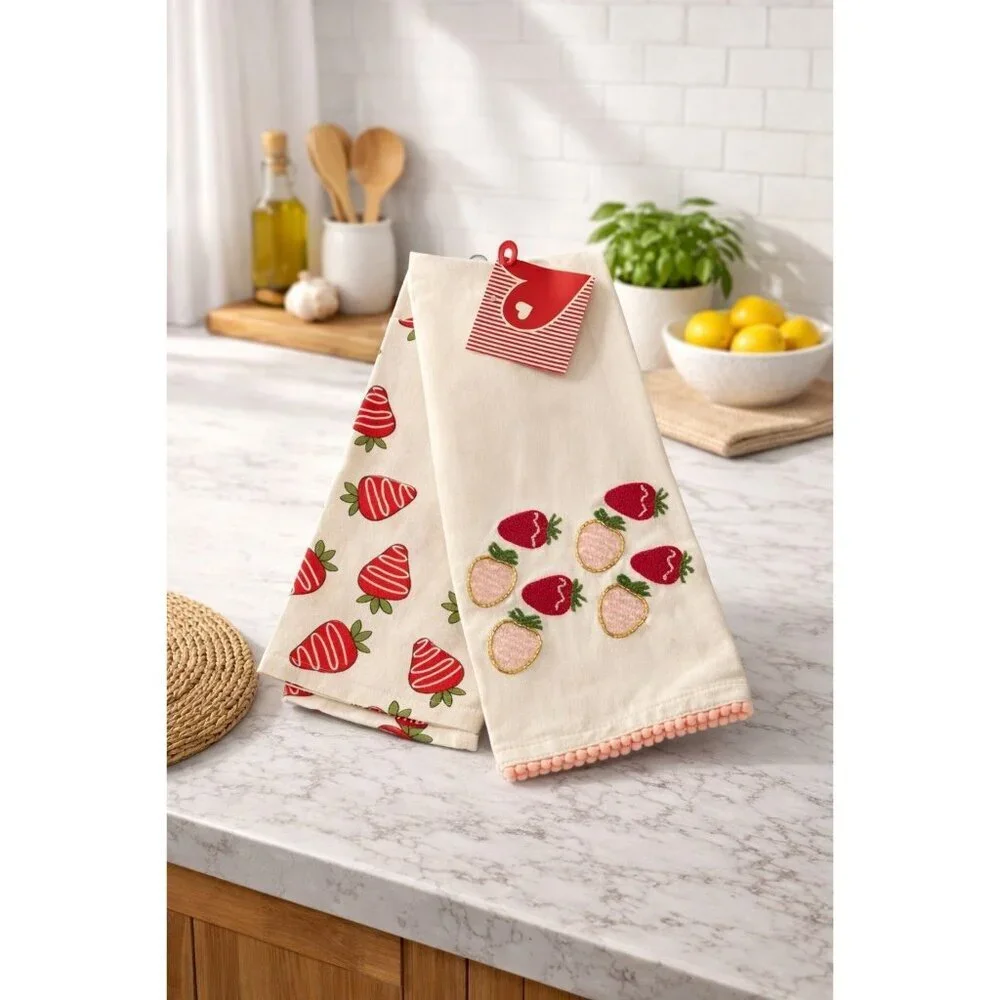 New Set 2 Valentines Day Love Pink Covered Strawberry Beaded Kitchen Towels